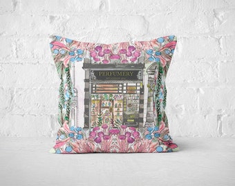 Illustrated Perfumery of London Shop Window cushion, floral decorative art cushion