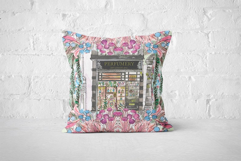 Illustrated Perfumery of London Shop Window cushion, floral decorative art cushion image 1