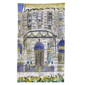 May include: Watercolor illustration of a building facade with a blue awning and gold accents. The building has multiple windows and a detailed architectural design. The artist's signature, "Claire LOUISE," is visible at the bottom.