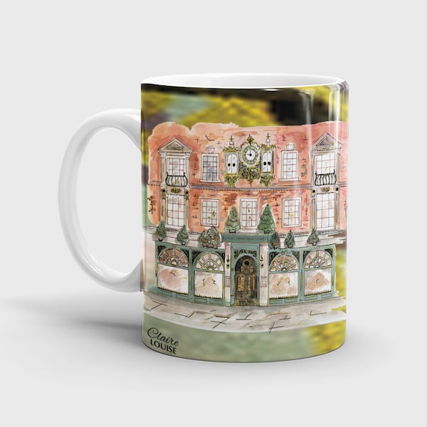 Illustrated Fortnum and Mason inspired ceramic mug, London, shop window, Green & Gold Coffee Mug