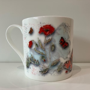 Poppies Floral Fine Bone China Mug, Painterly red flowers, butterfly