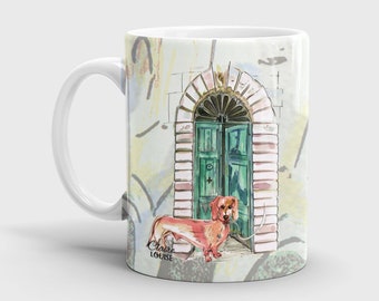 At Home With Dachshund ceramic mug, dog breed, green ornate door.