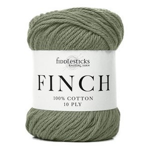 May include: A skein of green 10 ply cotton yarn labeled "Fiddlesticks Knitting Yarn Finch 100% Cotton 10 Ply"