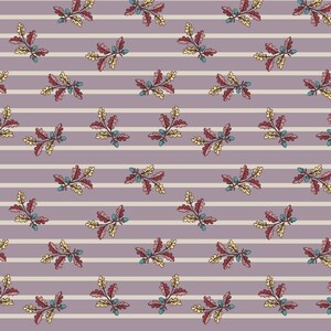 May include: A repeating pattern of stylized oak branches with red, yellow, and blue accents, set against a lavender background with horizontal white stripes. The design features detailed illustrations of leaves and acorns.