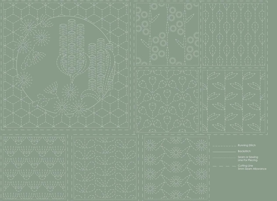 Botanical Sashiko Panel - Kentucky DV4073-2 - Cloth only