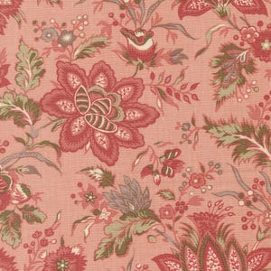May include: A floral fabric featuring a repeating pattern of large, stylized flowers and foliage in shades of red, pink, and green. The design includes detailed petals, leaves, and stems, set against a soft peach background. The overall aesthetic is reminiscent of vintage textiles.