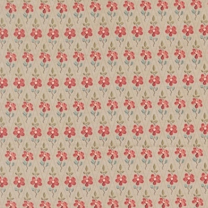 May include: A repeating pattern of red flowers with green leaves and blue accents on a tan background. The floral design is arranged in a diamond grid, creating a vintage or cottagecore aesthetic, suitable for fabric or wallpaper.