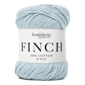 May include: A skein of light blue 10-ply cotton yarn labeled "Fiddlesticks Knitting Yarn Finch 100% Cotton 10 Ply"
