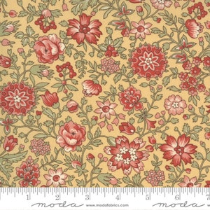 May include: A yellow fabric with a floral pattern in shades of red and green. The fabric features a repeating pattern of small and large flowers, with a delicate vine-like design.