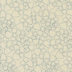 May include: A seamless pattern featuring a repeating design of blue outlined shapes on a cream background. The shapes are a combination of circles and triangles.