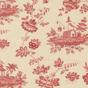 May include: Cream-colored fabric with a repeating pattern of red floral and landscape motifs. The design includes detailed illustrations of flowers, leaves, and miniature scenes with pagodas and hanging lanterns, creating a classic toile de Jouy aesthetic.