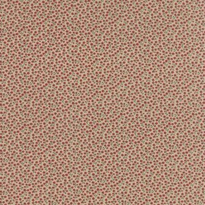 以下が含まれることがあります： 薄いベージュの生地に、小さな赤い花と緑色の茎が繰り返し描かれたパターンがあります。