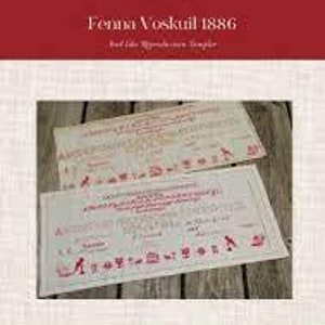 May include: Two vintage-style documents with red text and illustrations of birds and flowers. The text reads "Fennik Voskuil 1886" and includes a list of names and dates.