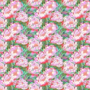 以下が含まれることがあります： 赤のアクセントと緑の葉を持つ、ピンクと白のシャクヤクの繰り返し模様。 花柄はターコイズの背景に配置され、鮮やかでカラフルな植物柄を作り出しています。
