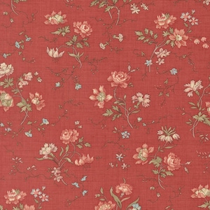 May include: A close-up of a red fabric with a floral pattern. The design features pink, white, and blue flowers with green leaves and stems. The flowers are scattered across the fabric, creating a vintage aesthetic.