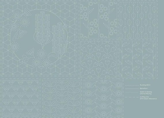 Botanical Sashiko Panel DV4072-2 - Notre Dame Blue - Cloth only