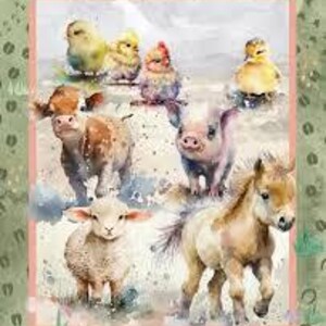 May include: Watercolor illustration of farm animals including chicks, a cow, a pig, a lamb, and a pony. The animals are depicted in a soft, painterly style with pastel colors, set against a light background.