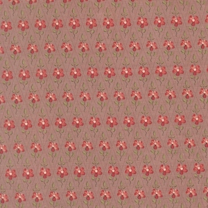May include: A repeating pattern of red flowers with green stems and leaves on a muted mauve background. The flowers are arranged in a diamond grid, creating a vintage floral design. The fabric has a subtle dotted texture.