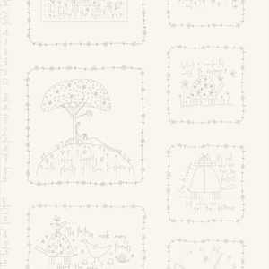 May include: Off-white fabric with a repeating pattern of framed drawings. The drawings show a tortoise and a hare, with text including "A race was had by the tortoise & the hare" and "Slow & steady wins the race."