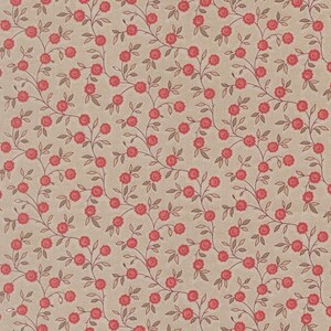 May include: A repeating pattern of small, red roses and brown leaves on thin vines, set against a beige background. The floral design is evenly spaced, creating a textured, fabric-like appearance. The overall aesthetic is vintage and delicate.