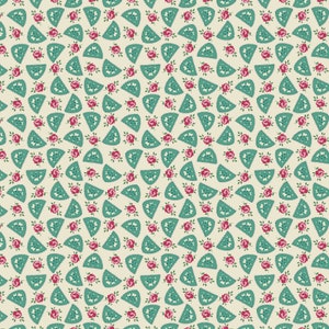 May include: A seamless pattern featuring a repeating design of teal blue scalloped shapes and pink roses on a cream background.