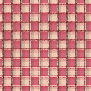 May include: A digitally rendered plaid pattern in shades of red, pink, and beige. The design features a classic grid of intersecting lines, creating a checkered effect. The pattern has a slightly textured appearance, with a subtle gradient effect within each square.