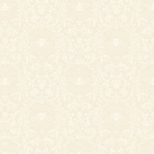 May include: A white and cream floral wallpaper pattern with a repeating design of stylised flowers and leaves.