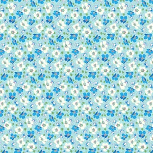 May include: A floral pattern featuring small blue and white flowers with green stems and leaves, set against a light blue backdrop. The design is repetitive, creating a delicate and fresh aesthetic.