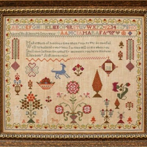 Könnte beinhalten: Ein antiker, gerahmter Kreuzstich mit detaillierten Stickereien. Die Stickerei zeigt verschiedene Blumen- und geometrische Muster, ein Reh und den Text "Make much of precious time...Elizabeth Atkinson 1829". Der Rahmen ist aus dunklem, verziertem Holz.