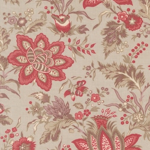 May include: A floral fabric featuring a repeating pattern of large, stylized flowers in shades of red, pink, and brown against a light gray background. The design includes detailed leaves and smaller floral elements.