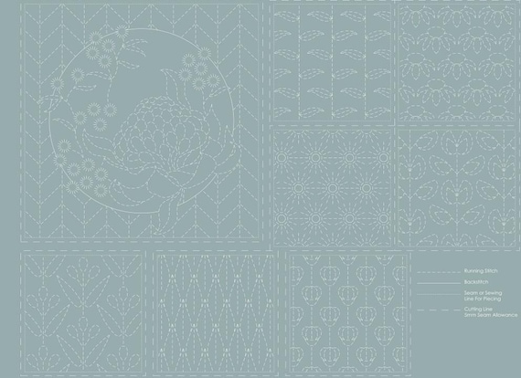 Botanical Sashiko Panel DV4072-1 - Notre Dame Blue - Cloth only