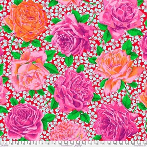May include: A colourful floral fabric with large roses in shades of pink and orange, set against a red background. The roses are interspersed with small white flowers with blue centres and green leaves, creating a vibrant pattern.