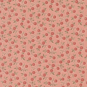 May include: A repeating pattern of small red roses and green leaves on a light coral background. The floral design features delicate vines with evenly spaced flowers and leaves, creating a textured, all-over print.