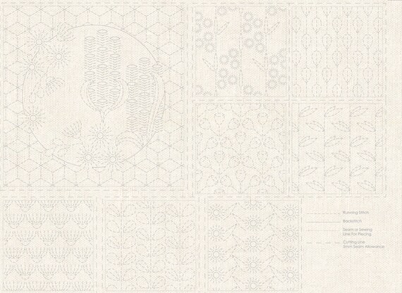 Botanical Sashiko Panel DV4070-2 - Ecru - Cloth only