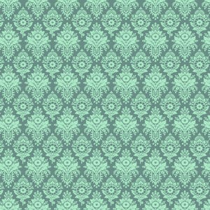 May include: A repeating floral pattern in teal on a grey-green background. The design is symmetrical, with stylized flowers and leaves creating a textured, decorative effect. The pattern is suitable for textiles or wallpaper.