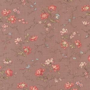 May include: A floral fabric featuring a repeating pattern of pink and red flowers with green leaves and delicate blue accents on a mauve background. The design includes winding stems and small buds, creating a vintage, romantic aesthetic.