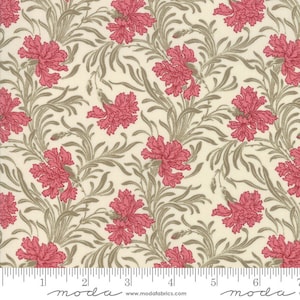 May include: A white fabric with a repeating pattern of pink carnations and brown leafy vines. The fabric has a subtle texture and a vintage aesthetic.