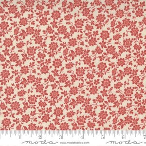 May include: Red floral print fabric with a white background. The fabric has a small, delicate floral pattern.