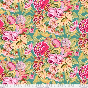 May include: A colourful floral fabric with a repeating pattern of pink roses, yellow sunflowers, and other flowers on a teal background. The design includes green leaves and stems, creating a lush, botanical print suitable for various craft projects.