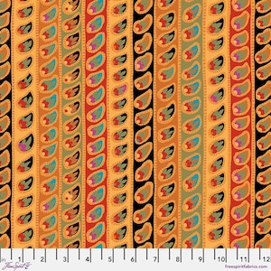 May include: A patterned fabric with vertical stripes of paisley-like designs. The design features a repeating motif of teardrop shapes in various colours, including orange, teal, red, and black. The fabric is measured in inches.