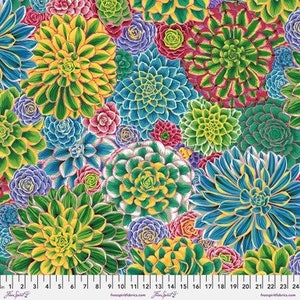 May include: A colourful fabric featuring a repeating pattern of various succulents in shades of green, blue, yellow, pink, and red. The fabric has a white background and is printed with a detailed illustration of the succulents.