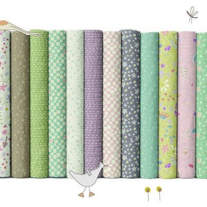 May include: A collection of fabric rolls in various pastel colors, including green, pink, and lavender, with floral and patterned designs. The words "Slow & Steady" are written in a whimsical font. The image also features the "Devonstone Collection" logo and the "Hatched & Patched" logo.