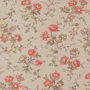 May include: A floral fabric featuring a repeating pattern of pink and red roses, along with smaller flowers and leaves in shades of green and brown. The flowers and foliage are set against a light beige background, creating a vintage aesthetic.