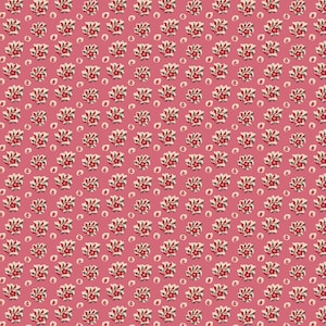 May include: A repeating pattern of small floral bouquets and dots on a pink background. The flowers are red with green leaves, and the dots are white. This design is suitable for fabric, wallpaper, or other decorative applications.