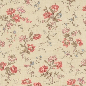 May include: Cream-colored fabric with a repeating floral pattern. The design features pink and red roses, carnations, and small blue flowers, along with brown stems and leaves. The overall aesthetic is vintage and romantic.