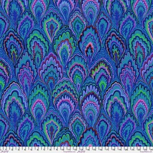 May include: A blue fabric with a repeating pattern of colourful, layered, abstract shapes resembling peacock feathers.