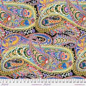 May include: A black fabric with a paisley pattern in shades of yellow, blue, green, red, and purple. The paisley pattern is intricate and detailed, with a variety of floral and geometric motifs.
