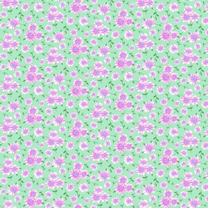 May include: A repeating pattern of small pink flowers with blue centres and green stems and leaves on a light green background. The floral design is densely packed, creating a textured appearance.