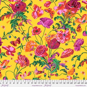May include: A yellow fabric with a floral pattern featuring pink, red, and green poppies, butterflies, and leaves.