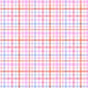 以下が含まれることがあります： ピンク、ブルー、オレンジの格子柄の生地で、白い格子模様が控えめに入っています。